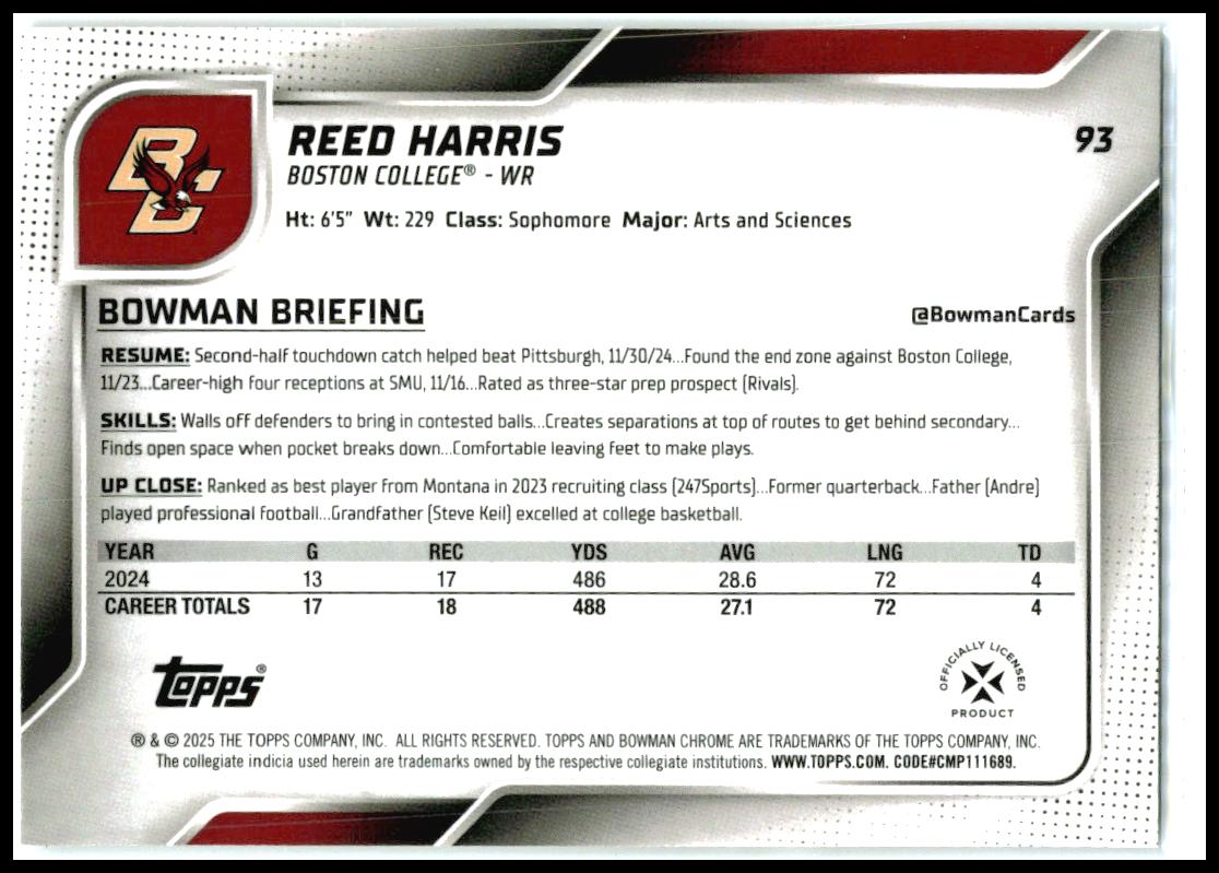 2025 Bowman University Chrome #93 Reed Harris Boston College Eagles