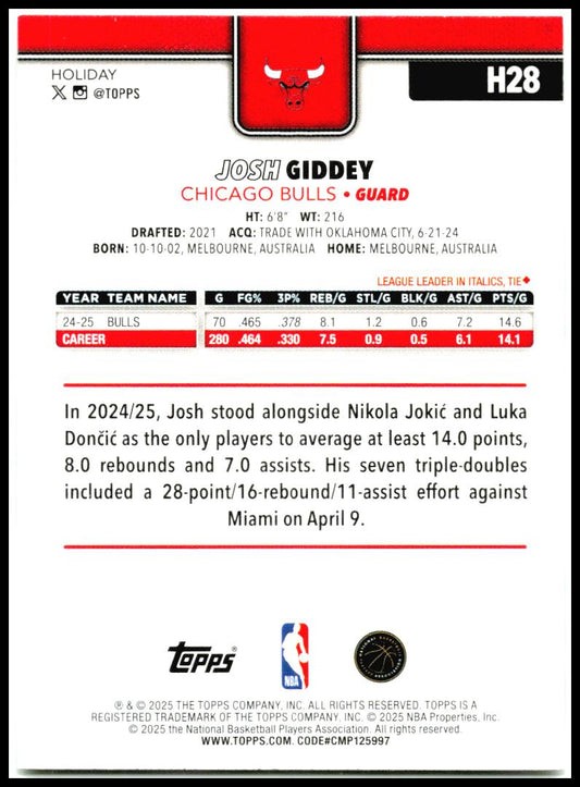 2025-26 Topps Holiday #H28 Josh Giddey Chicago Bulls