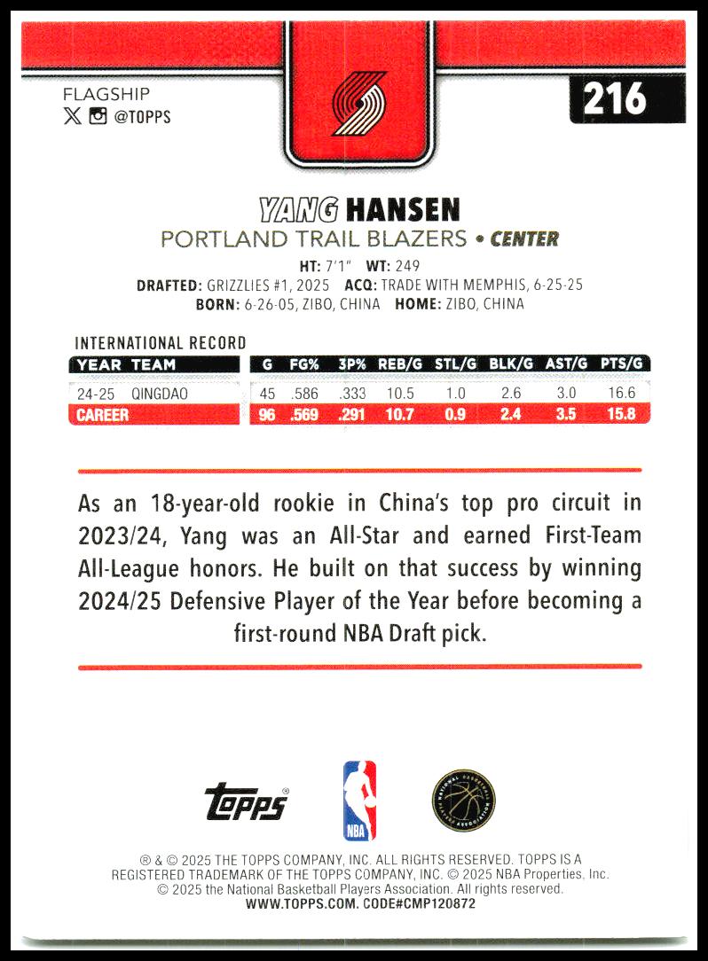 2025-26 Topps #216 Yang Hansen Rookie Portland Trail Blazers
