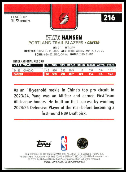 2025-26 Topps #216 Yang Hansen Rookie Portland Trail Blazers