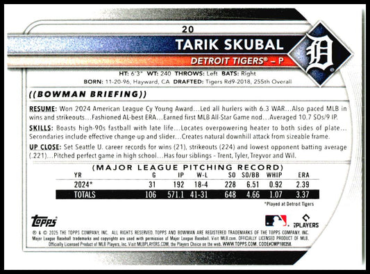 2025 Bowman #20 Tarik Skubal Detroit Tigers