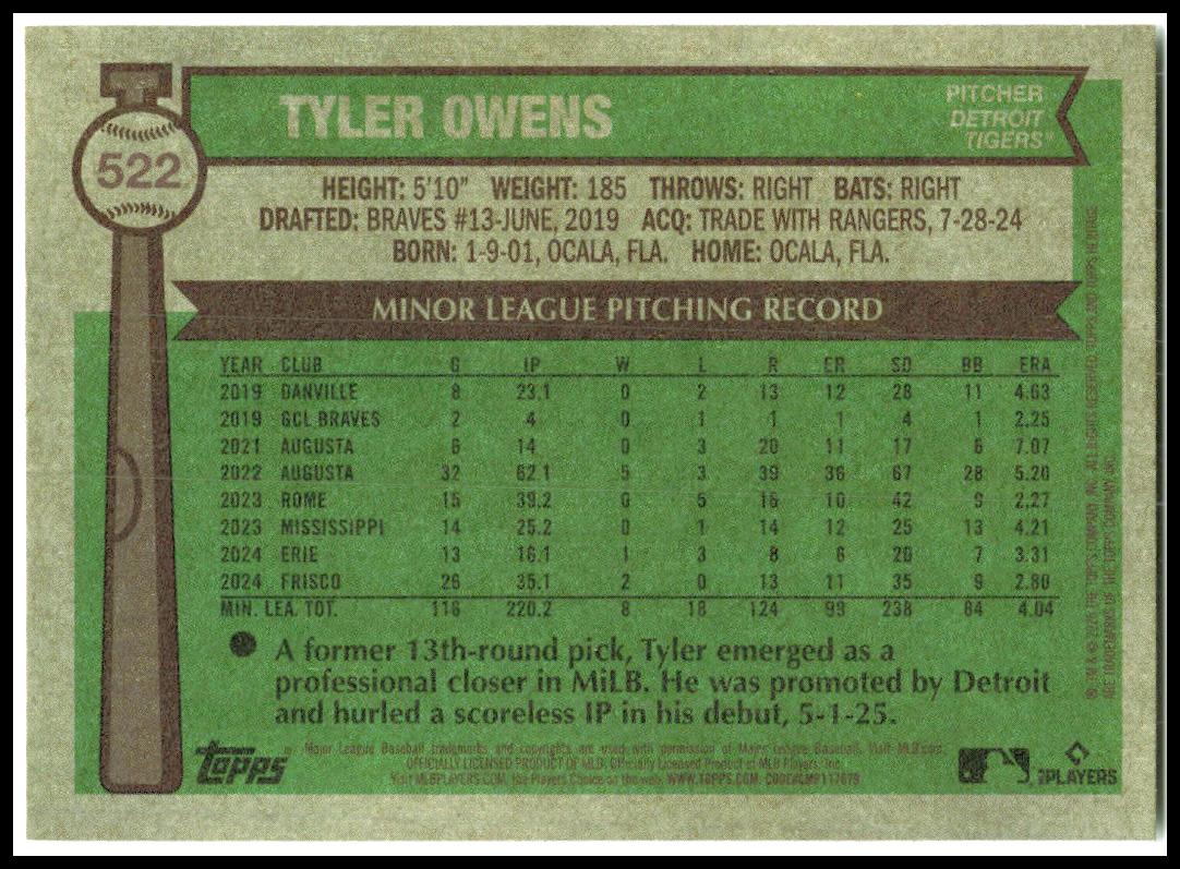 2025 Topps Heritage #522 Tyler Owens Rookie Detroit Tigers