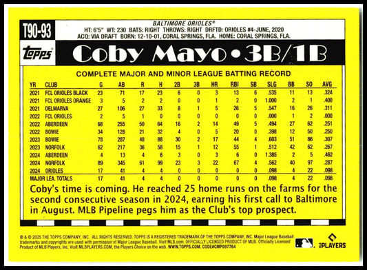 2025 Topps 1990 Topps 35th Anniversary #T90-93 Coby Mayo Orioles