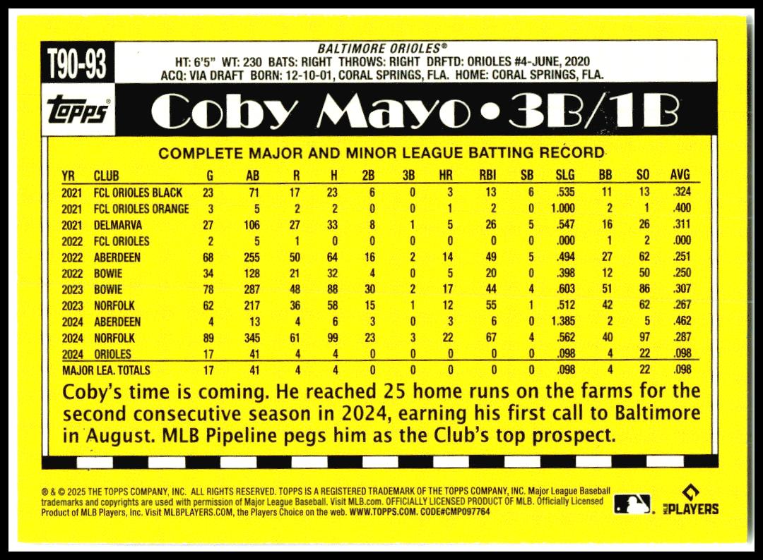 2025 Topps 1990 Topps 35th Anniversary #T90-93 Coby Mayo Orioles