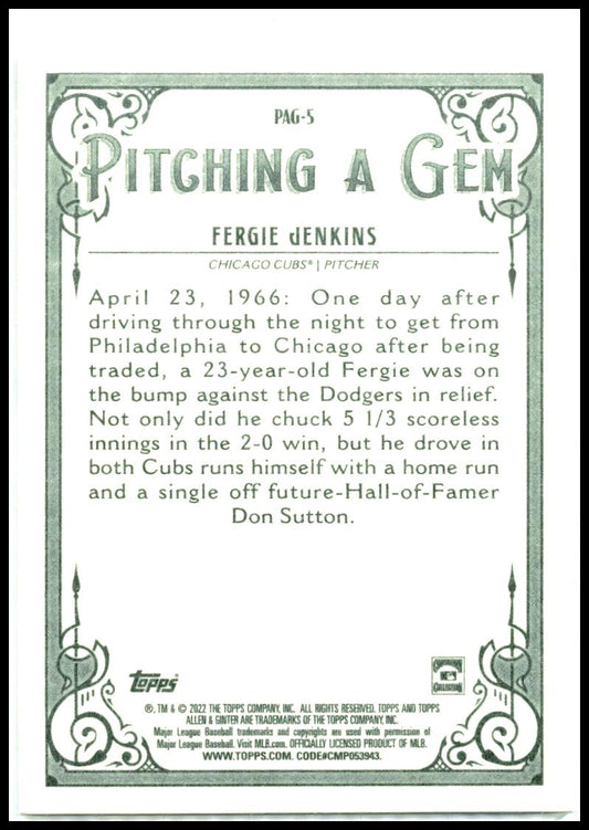 2022 Topps Allen & Ginter Pitching a Gem #PAG-5 Fergie Jenkins Chicago Cubs