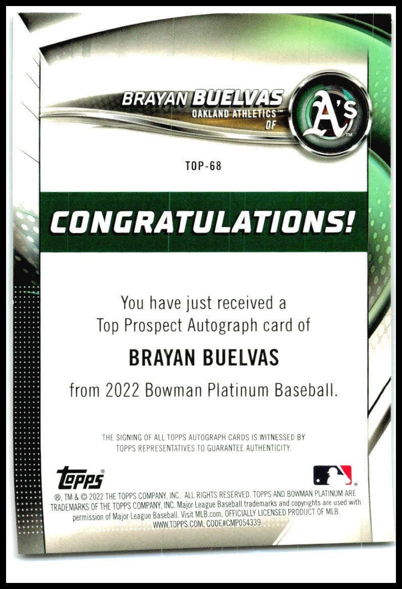 2022 Bowman Platinum Top Prospect Auto Pink #TOP-68 Brayan Buelvas Auto