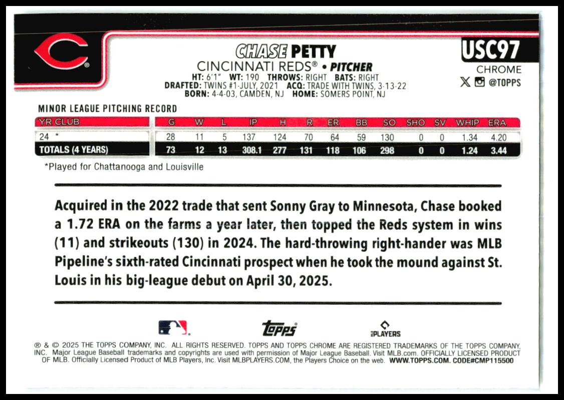 2025 Topps Chrome Update #USC97 Chase Petty Rookie Cincinnati Reds