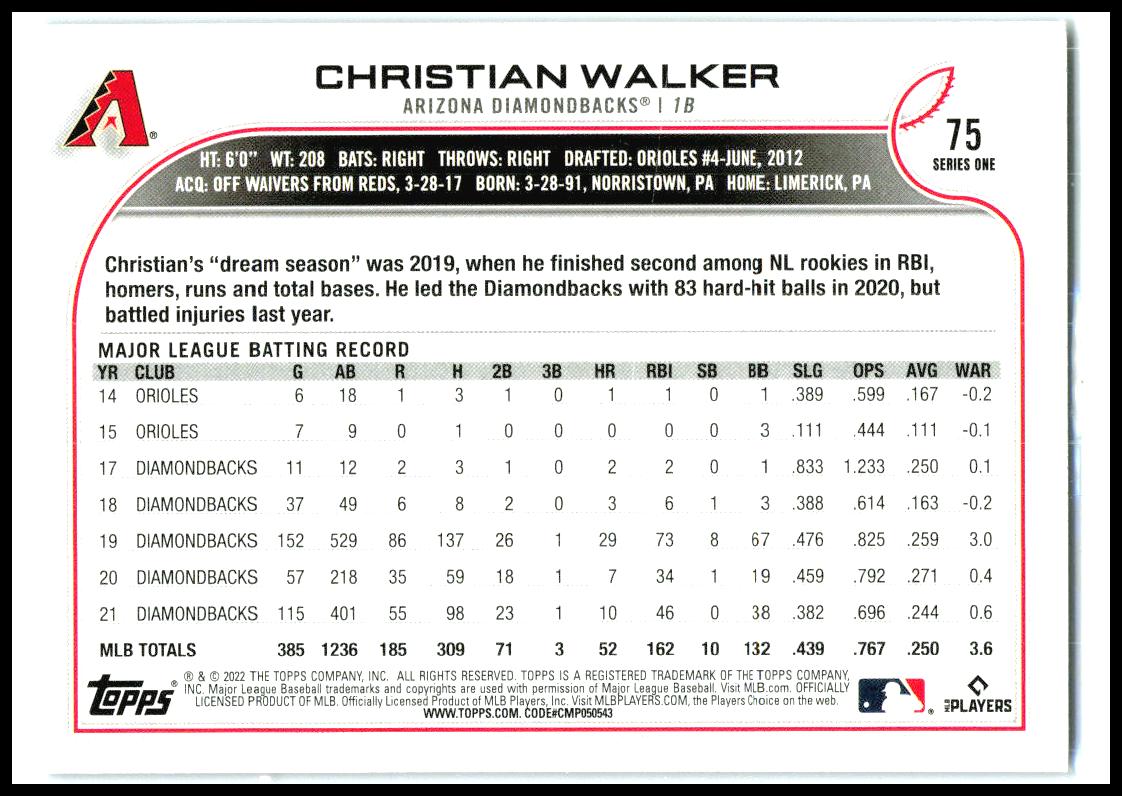 2022 Topps Royal Blue #75 Christian Walker Arizona Diamondbacks