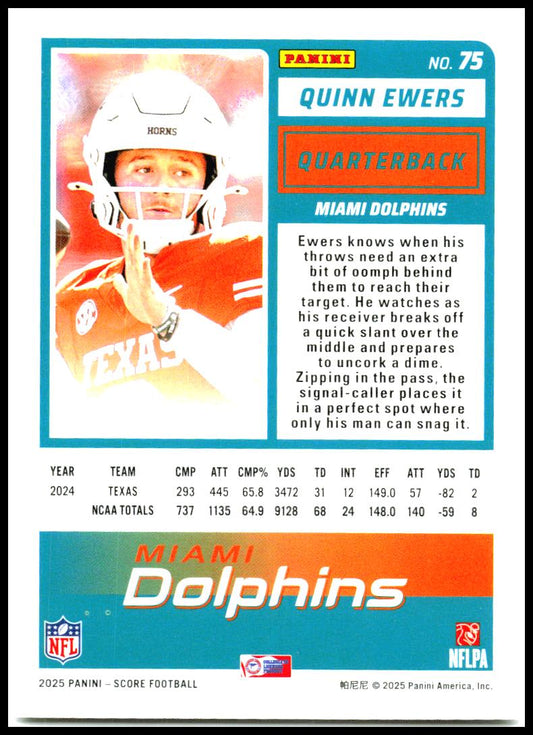 2025 Score #75 Quinn Ewers Rookie Miami Dolphins