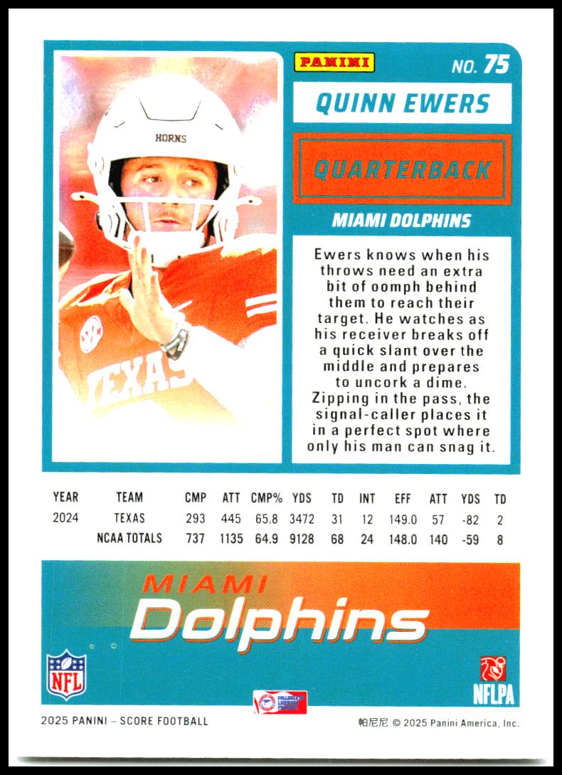 2025 Score #75 Quinn Ewers Rookie Miami Dolphins