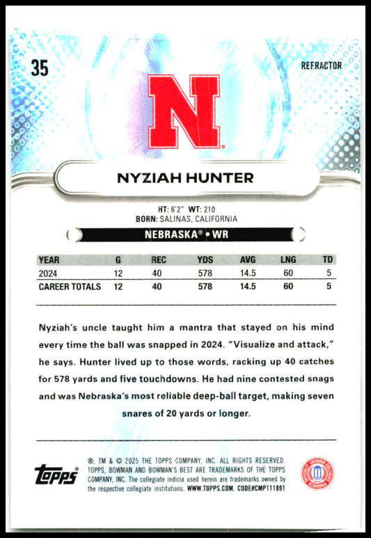 2025 Bowman University Best Refractor #35 Nyziah Hunter Nebraska Cornhuskers
