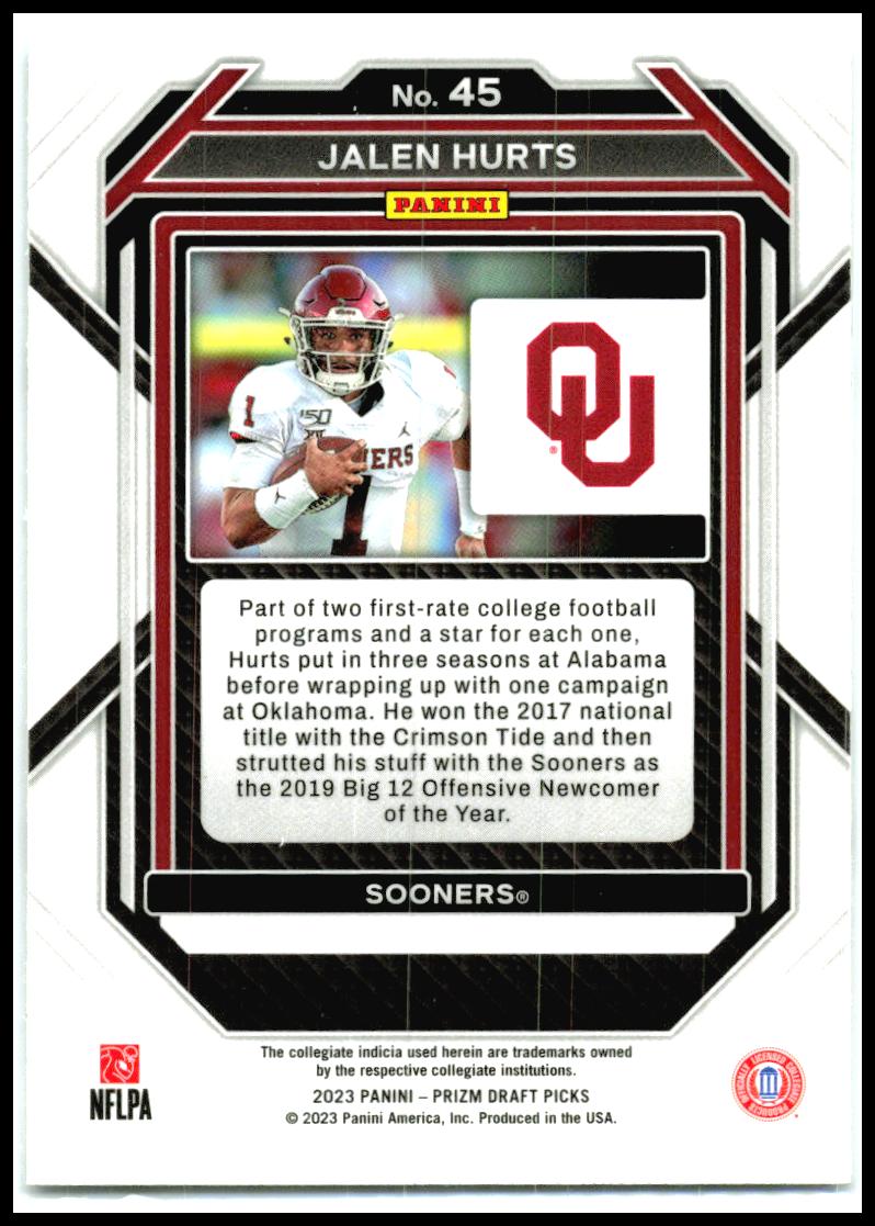 2023 Panini Prizm Draft Picks #45 Jalen Hurts Oklahoma Sooners