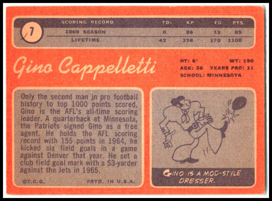 1970 Topps #7 Gino Cappelletti Boston Patriots