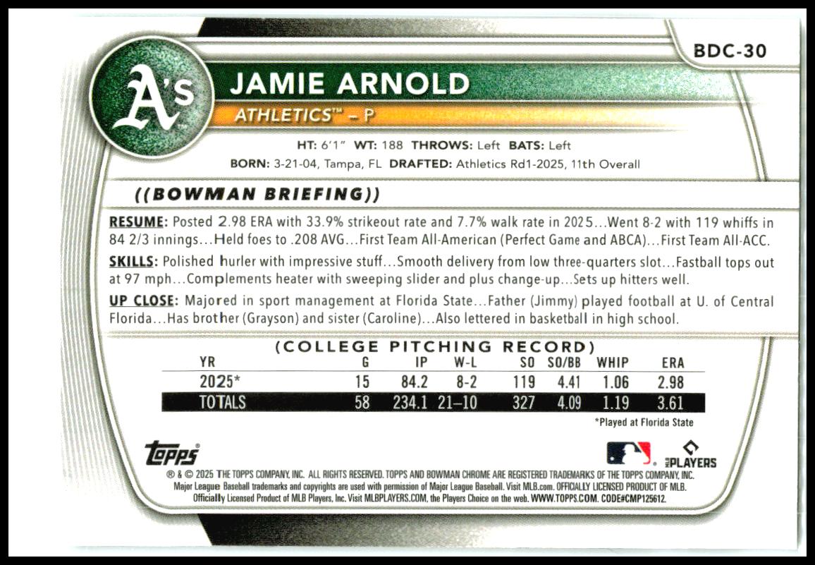 2025 Bowman Draft Chrome #BDC-30 Jamie Arnold Athletics