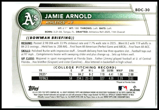 2025 Bowman Draft Chrome #BDC-30 Jamie Arnold Athletics