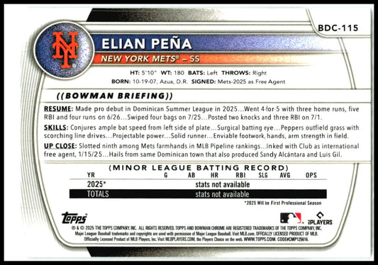 2025 Bowman Draft Chrome Mojo Refractor #BDC-115 Elian Peña New York Mets