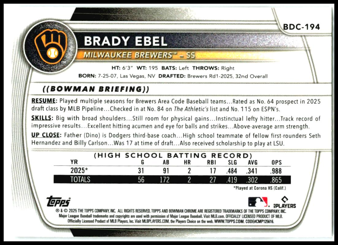 2025 Bowman Draft Chrome Mojo Refractor #BDC-194 Brady Ebel Milwaukee Brewers