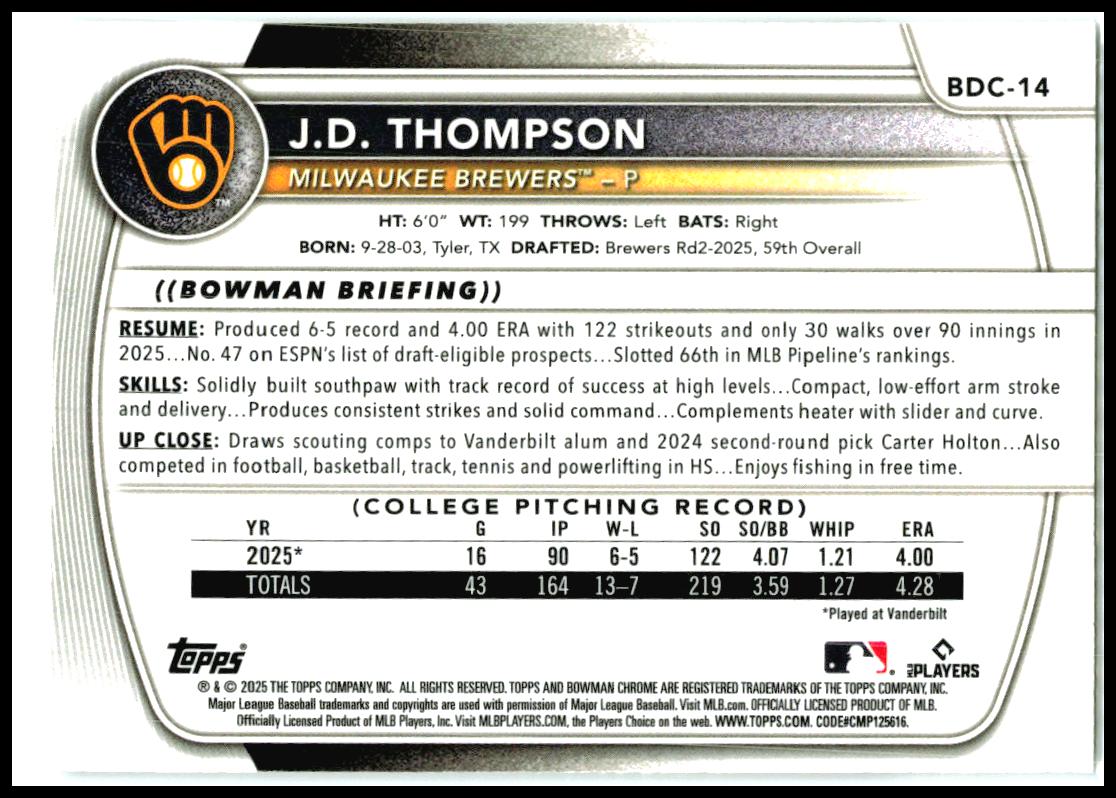 2025 Bowman Draft Chrome Mojo Refractor #BDC-14 JD Thompson Milwaukee Brewers