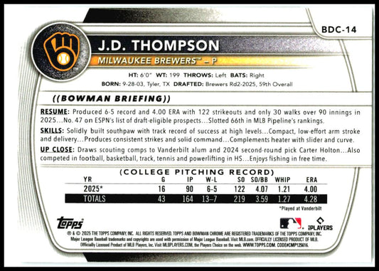 2025 Bowman Draft Chrome Mojo Refractor #BDC-14 JD Thompson Milwaukee Brewers