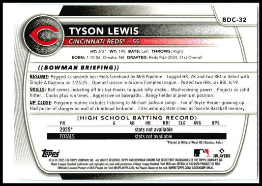 2025 Bowman Draft Chrome #BDC-32 Tyson Lewis Cincinnati Reds