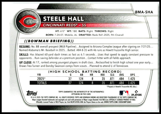 2025 Bowman Chrome Mojo Auto Refractor #BMASHA Steele Hall Reds