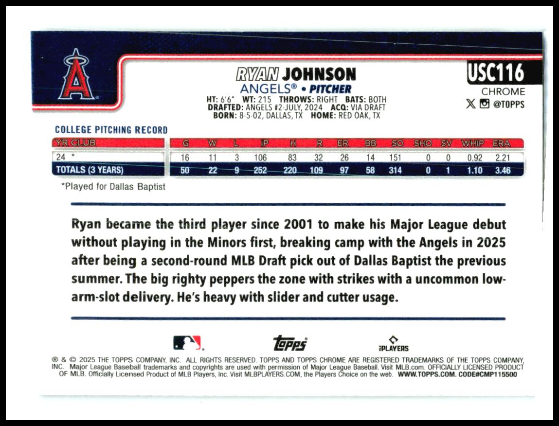 2025 Topps Chrome Update #USC116 Ryan Johnson Rookie Los Angeles Angels