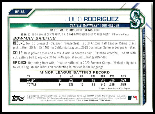 2021 Bowman Prospects #BP-86 Julio Rodriguez Seattle Mariners