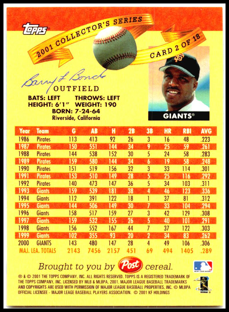 2001 Topps Post Cereal #2 Barry Bonds San Francisco Giants