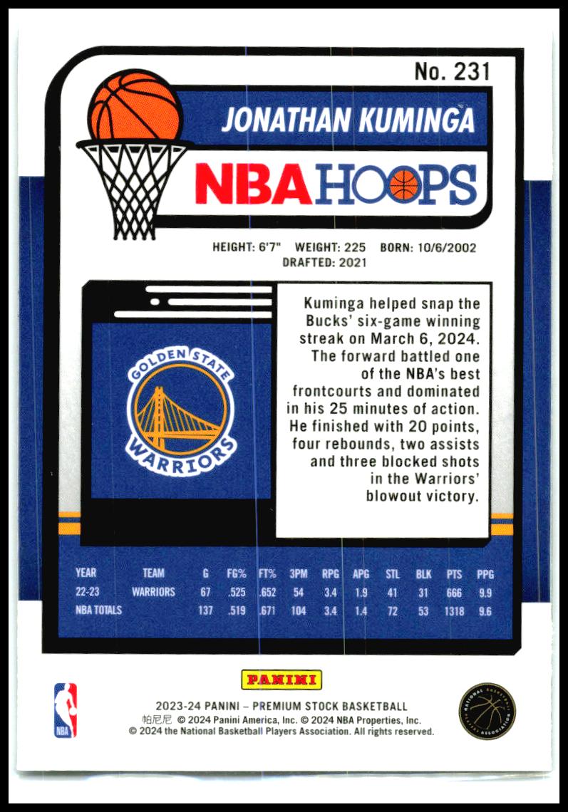 2023-24 Hoops Premium Stock #231 Jonathan Kuminga Golden State Warriors