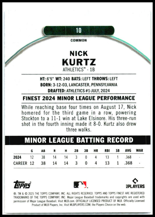 2025 Finest Blue #10 Nick Kurtz Rookie Athletics