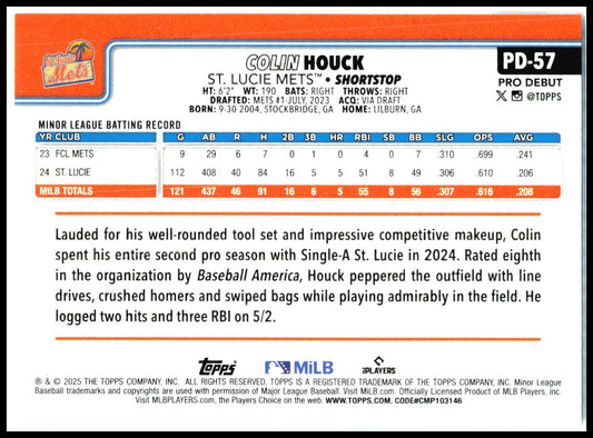 2025 Topps Pro Debut #PD-57 Colin Houck St. Lucie Mets