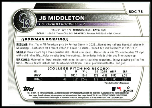 2025 Bowman Draft Chrome Mojo #BDC-78 JB Middleton Colorado Rockies