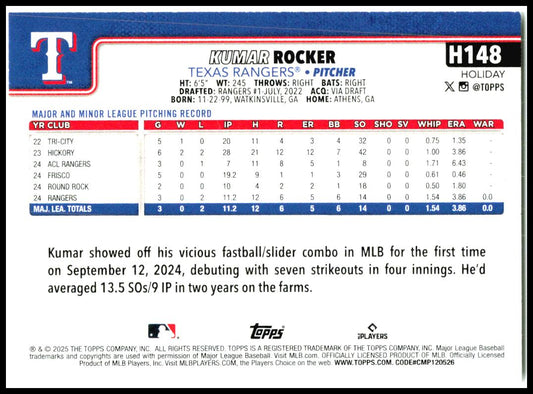 2025 Topps Holiday #H148 Kumar Rocker Rookie Texas Rangers