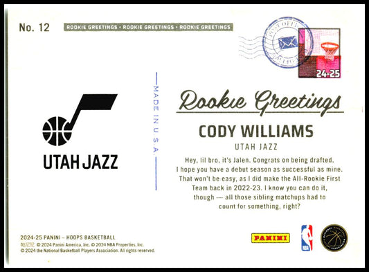 2024-25 Hoops Winter Rookie Greetings #12 Cody Williams Utah Jazz