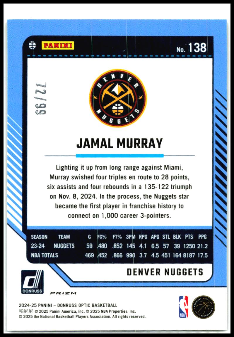 2024-25 Donruss Optic Copper Glitter #138 Jamal Murray #/99 Denver Nuggets