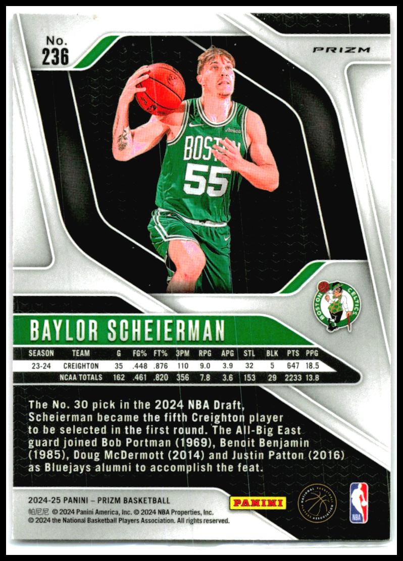 2024-25 Panini Prizm Prizms Pink Ice #236 Baylor Scheierman Boston Celtics