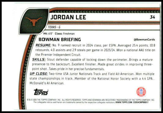 2024-25 Bowman University Chrome Green Shimmer Refractor #34 Jordan Lee Texas
