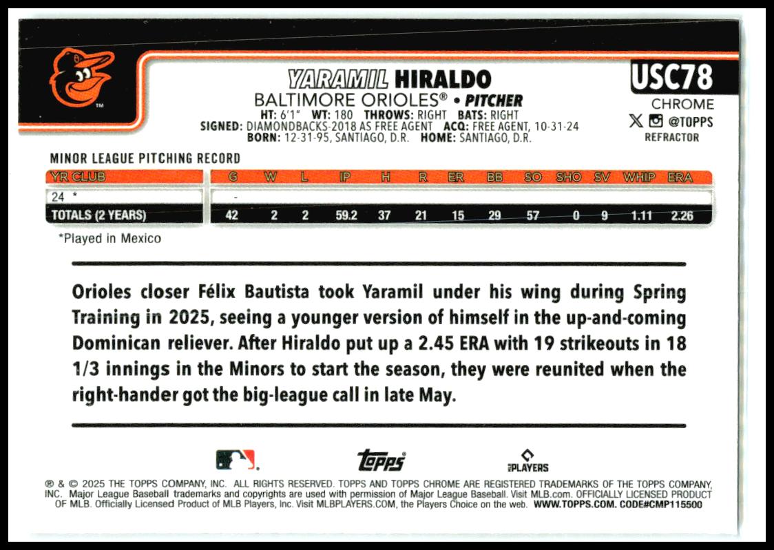 2025 Topps Chrome Update Refractors #USC78 Yaramil Hiraldo Rookie Orioles
