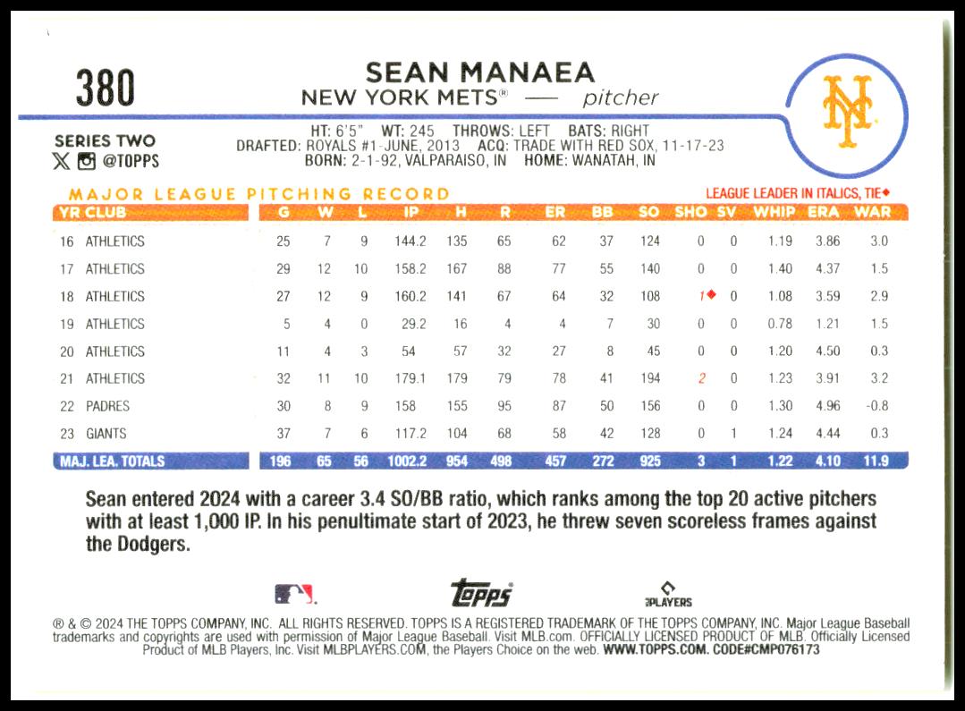 2024 Topps Yellow #380 Sean Manaea New York Mets