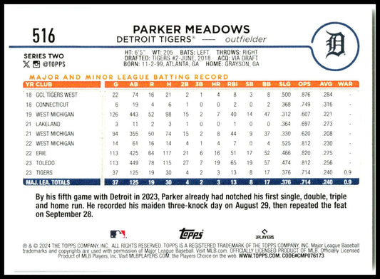 2024 Topps #516 Parker Meadows Rookie Detroit Tigers