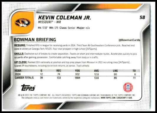 2025 Bowman University Chrome Pink Lava Refractor #58 Kevin Coleman Jr. Missouri