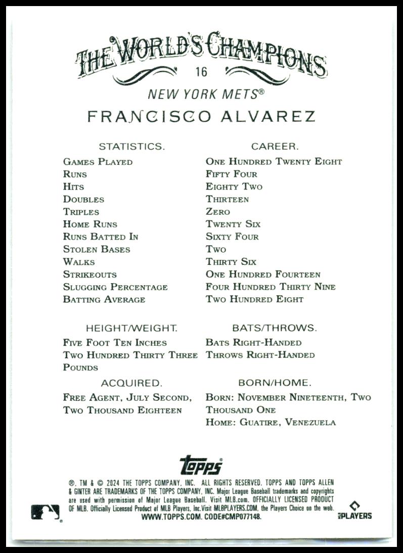 2024 Topps Allen & Ginter Silver Portrait #16 Francisco Alvarez New York Mets