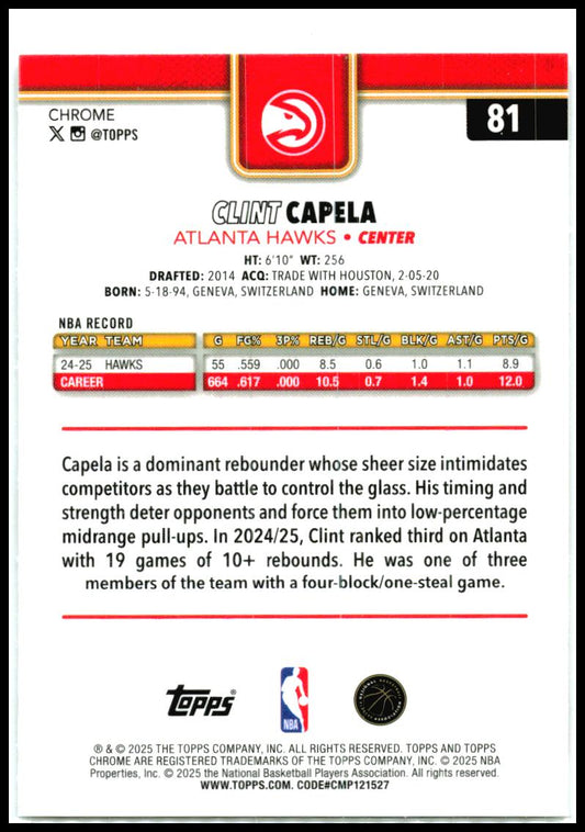 2025-26 Topps Chrome RayWave Refractor #81 Clint Capela Atlanta Hawks