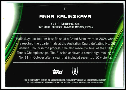 2025 Topps Chrome Aqua Refractor #17 Anna Kalinskaya #/199
