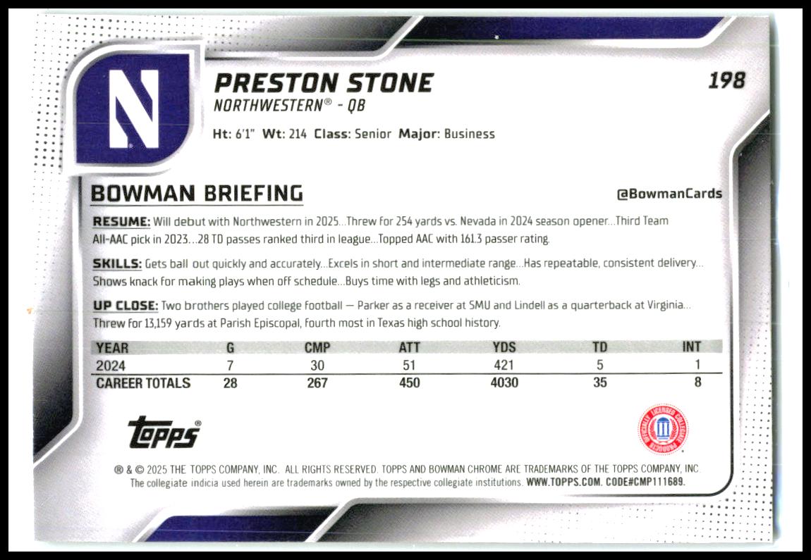 2025 Bowman University Chrome #198 Preston Stone Northwestern Wildcats