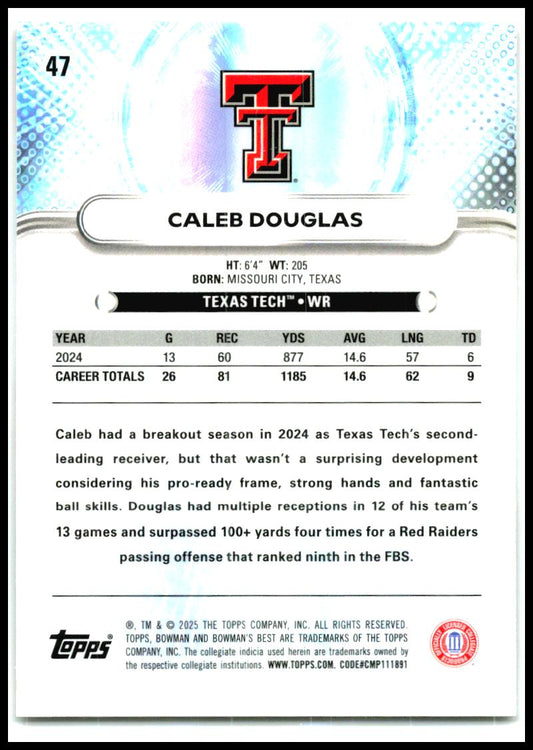 2025 Bowman University Best #47 Caleb Douglas Texas Tech Red Raiders