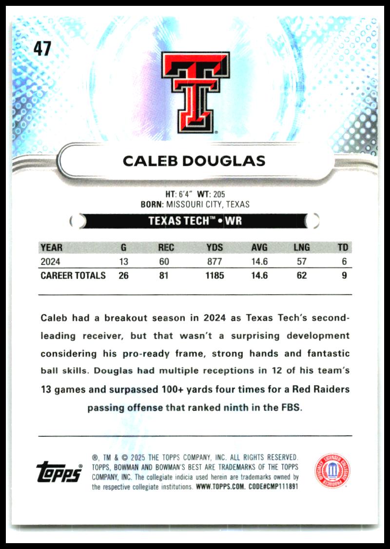 2025 Bowman University Best #47 Caleb Douglas Texas Tech Red Raiders