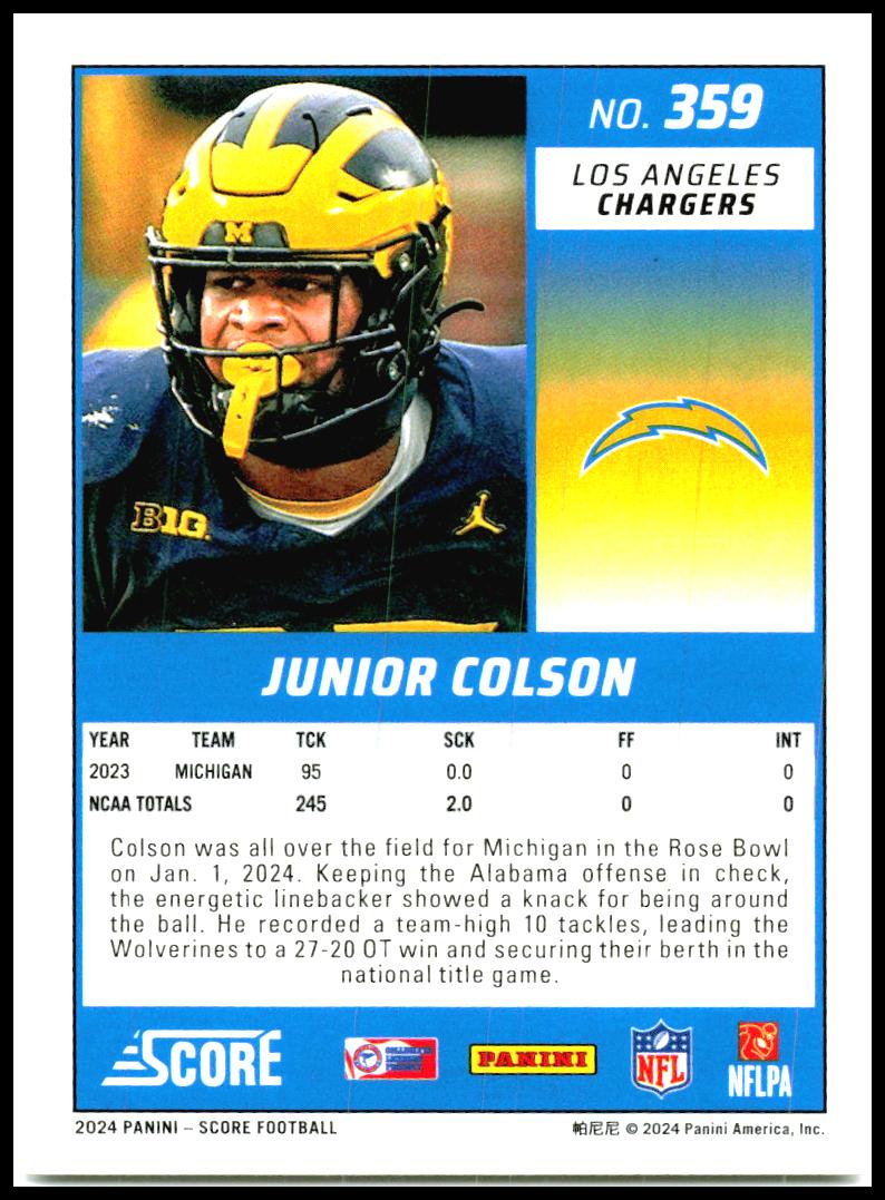 2024 Score #359 Junior Colson Rookie Los Angeles Chargers