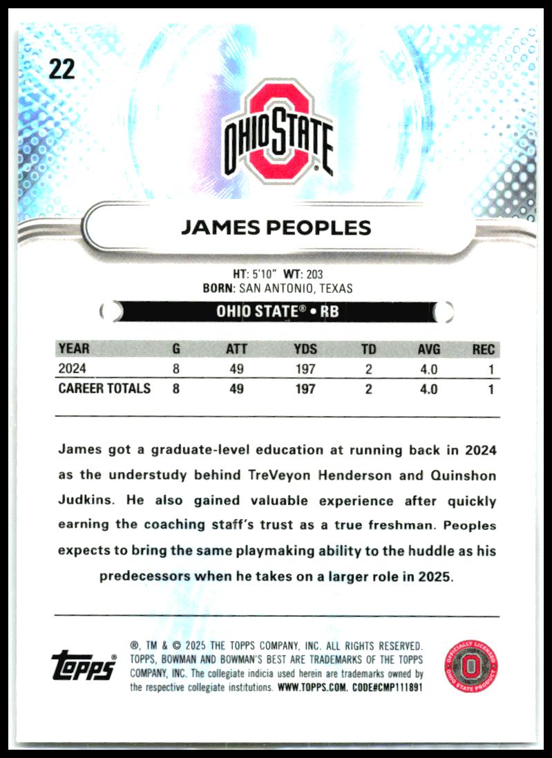 2025 Bowman University Best #22 James Peoples Ohio State Buckeyes