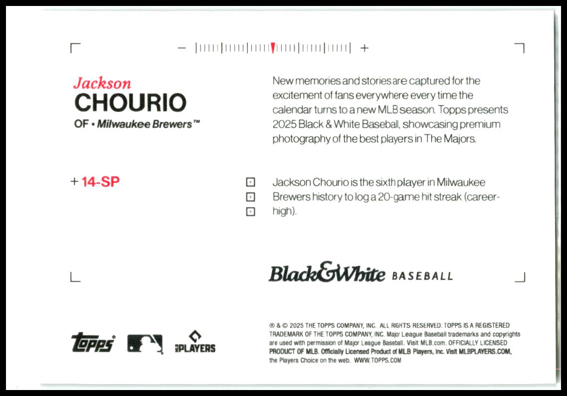 2025 Black & White Baseball T #+14-SP Jackson Chourio Brewers